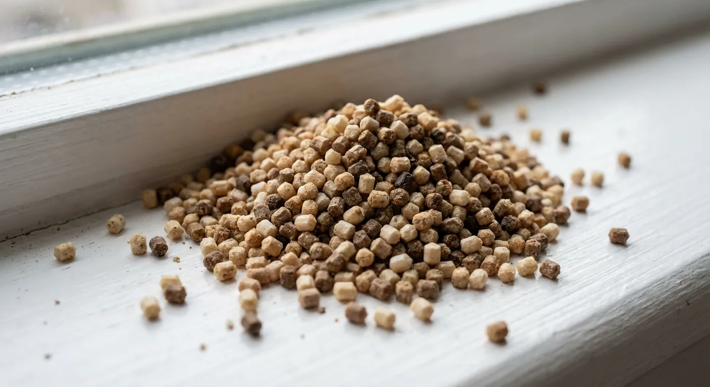 A pile of drywood termite pellets on a windowsill, showing the color range from light tan to dark brown